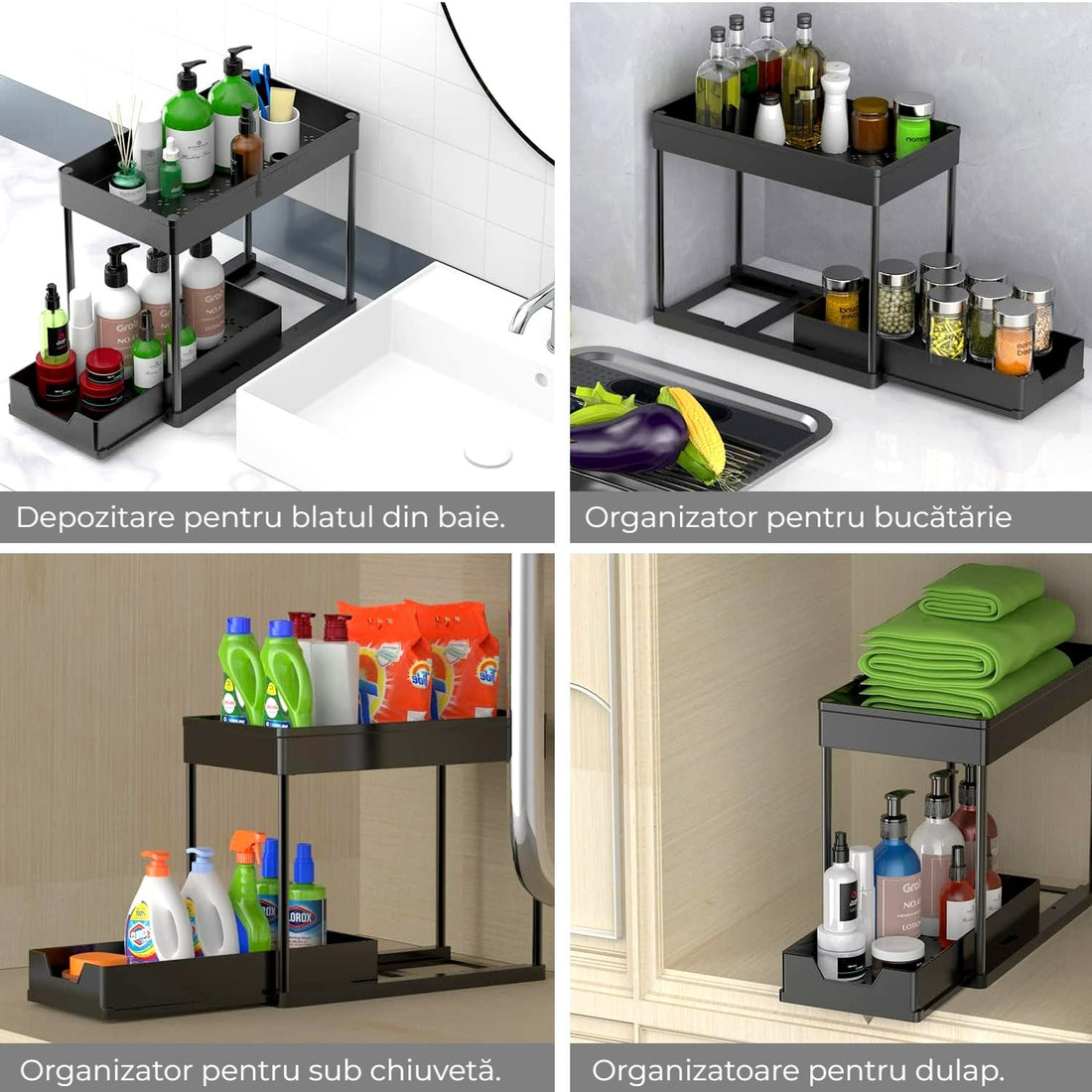 Organizator multifunctional pentru baie pe 2 niveluri, recipient de depozitare glisant sub chiuveta, in bucatarie si in baie, carlige , 39.5 x 22x 39, negru