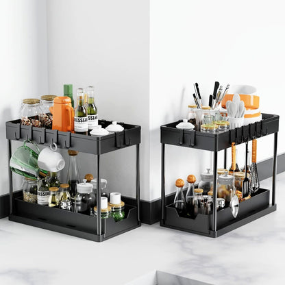 Organizator multifunctional pentru baie pe 2 niveluri, recipient de depozitare glisant sub chiuveta, in bucatarie si in baie, carlige , 39.5 x 22x 39, negru