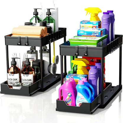 Organizator multifunctional pentru baie pe 2 niveluri, recipient de depozitare glisant sub chiuveta, in bucatarie si in baie, carlige , 39.5 x 22x 39, negru