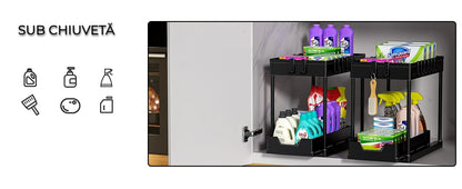 Organizator multifunctional pentru baie pe 2 niveluri, recipient de depozitare glisant sub chiuveta, in bucatarie si in baie, carlige , 39.5 x 22x 39, negru