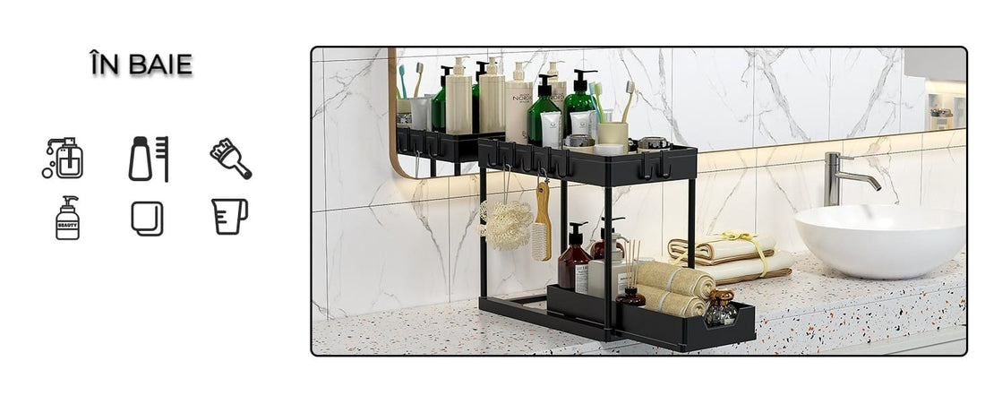 Organizator multifunctional pentru baie pe 2 niveluri, recipient de depozitare glisant sub chiuveta, in bucatarie si in baie, carlige , 39.5 x 22x 39, negru