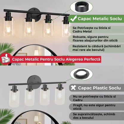 Plafonieră vintage 4 capete, cadru metalic, soclu ceramic, compatibil E26, negru mat