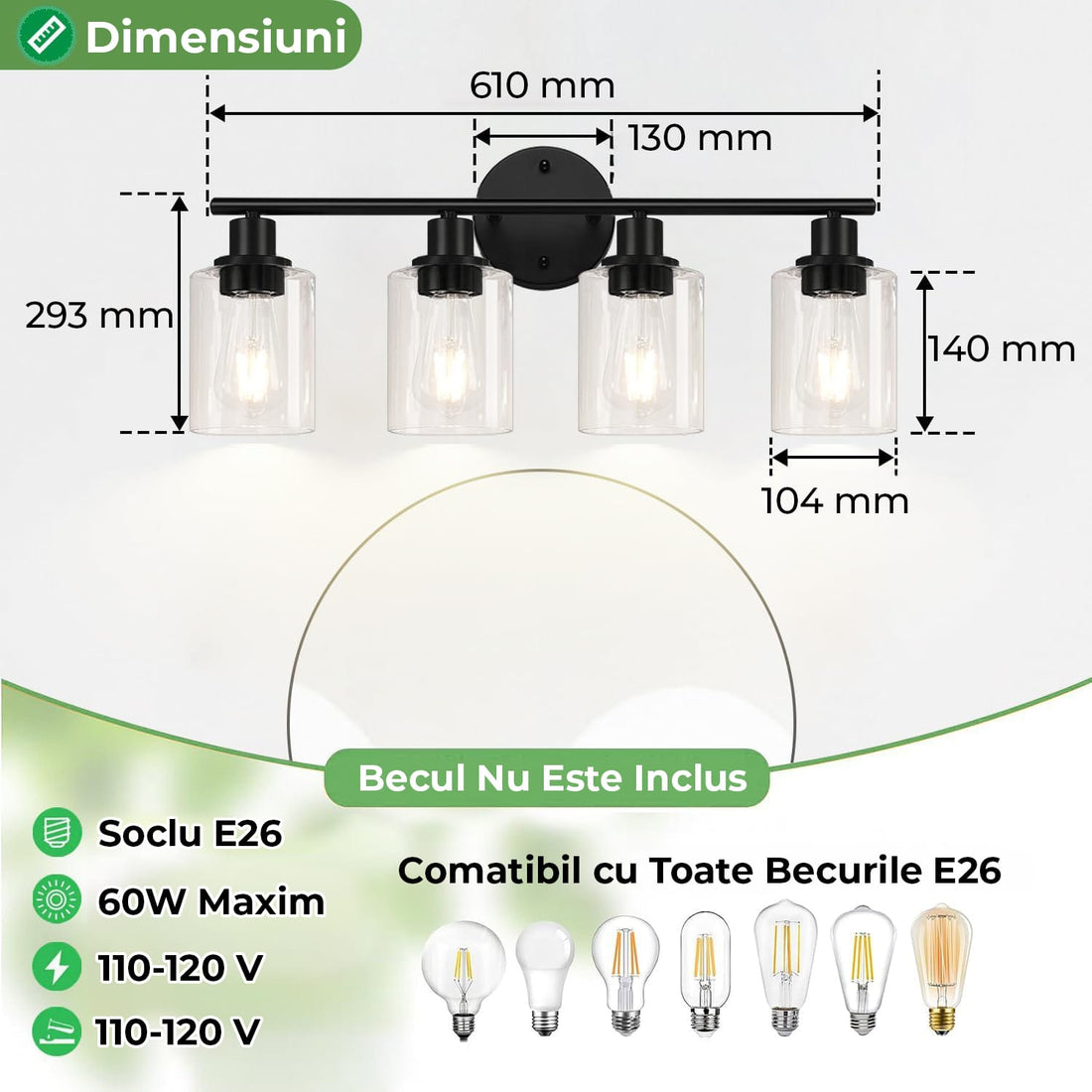Plafonieră vintage 4 capete, cadru metalic, soclu ceramic, compatibil E26, negru mat