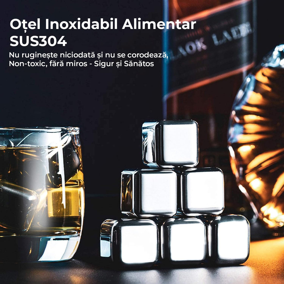 Set 4 cuburi gheață inox alimentar, reutilizabile, non-toxic, 2.5x2.5 cm, argintiu