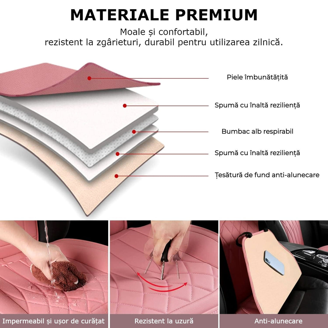 Set 2 huse impermeabile scaune auto cu buzunar și pernițe centură, roz