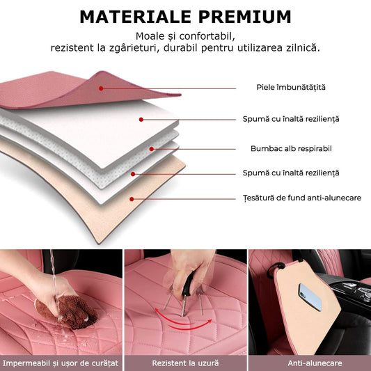 Set 2 huse impermeabile scaune auto cu buzunar și pernițe centură, roz