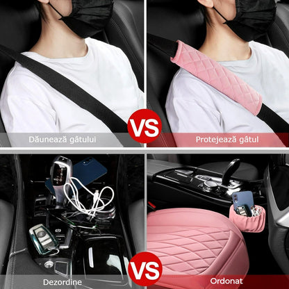 Set 2 huse impermeabile scaune auto cu buzunar și pernițe centură, roz