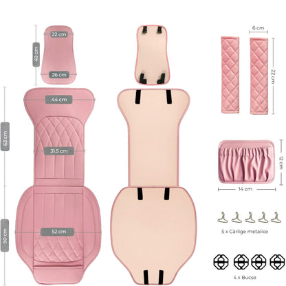 Set 2 huse impermeabile scaune auto cu buzunar și pernițe centură, roz