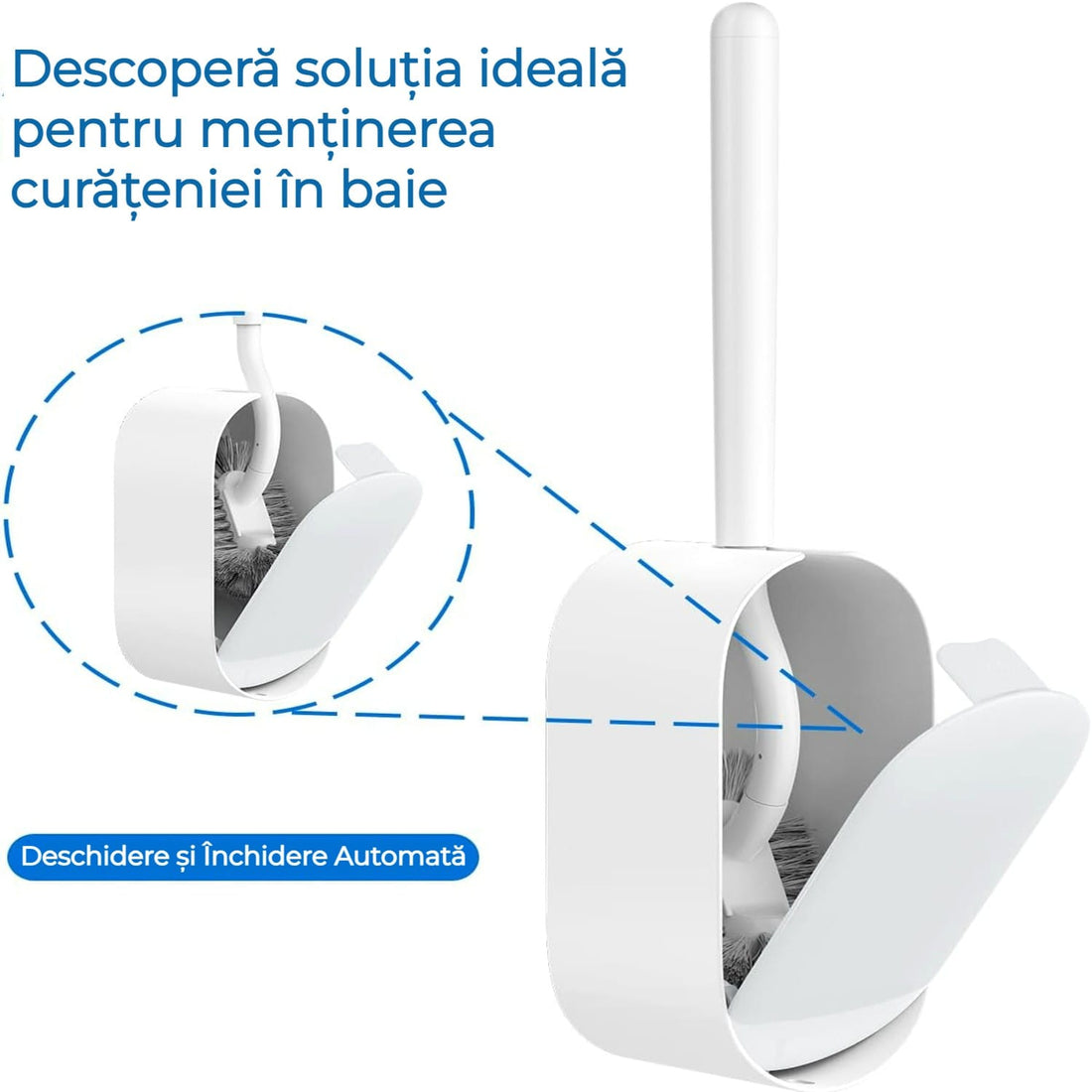 Set Perie si Suport pentru Vasul de Toaleta, Design Ergonomic, Peri Durabili, Dimensiune Compacta pentru Curatarea Locurilor Greu Accesibile, autoadeziv pe perete, Alb