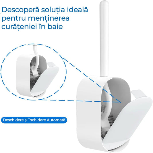 Set Perie si Suport pentru Vasul de Toaleta, Design Ergonomic, Peri Durabili, Dimensiune Compacta pentru Curatarea Locurilor Greu Accesibile, autoadeziv pe perete, Alb