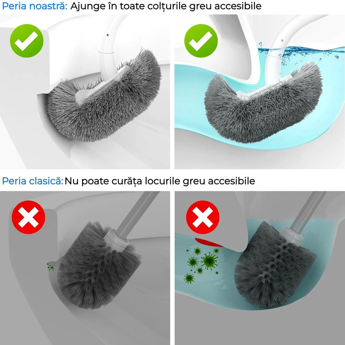 Set Perie si Suport pentru Vasul de Toaleta, Design Ergonomic, Peri Durabili, Dimensiune Compacta pentru Curatarea Locurilor Greu Accesibile, autoadeziv pe perete, Alb