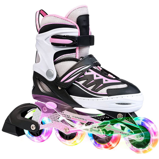 Role reglabile pentru copii si adulti, roti luminoase din silicon, 4 roti in linie, rulmenti ABEC-7, Aluminiu/poliuretan, PM01 marimea L 37-39, alb/roz