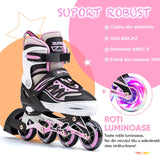 Role reglabile pentru copii si adulti, roti luminoase din silicon, 4 roti in linie, rulmenti ABEC-7, Aluminiu/poliuretan, PM01 marimea L 37-39, alb/roz