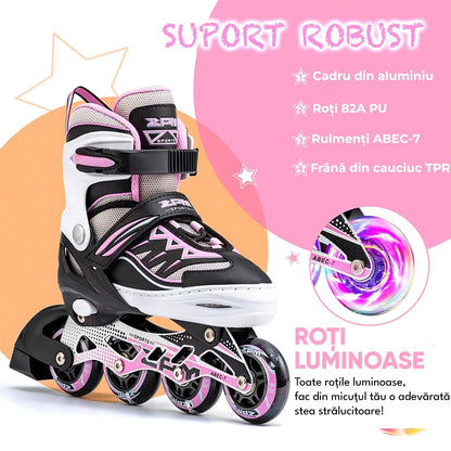 Role reglabile pentru copii si adulti, roti luminoase din silicon, 4 roti in linie, rulmenti ABEC-7, Aluminiu/poliuretan, PM01 marimea L 37-39, alb/roz