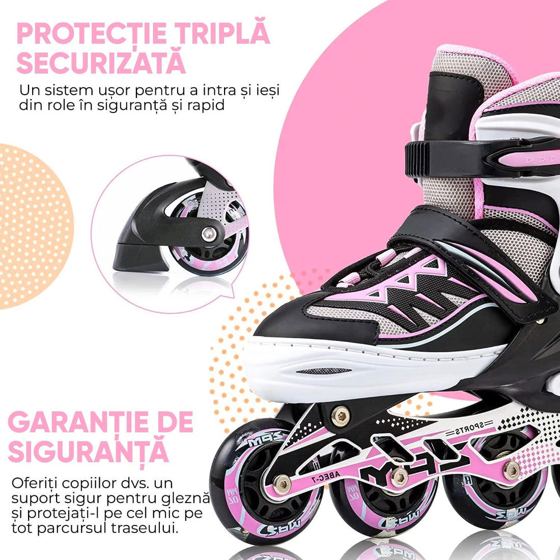 Role reglabile pentru copii si adulti, roti luminoase din silicon, 4 roti in linie, rulmenti ABEC-7, Aluminiu/poliuretan, PM01 marimea L 37-39, alb/roz