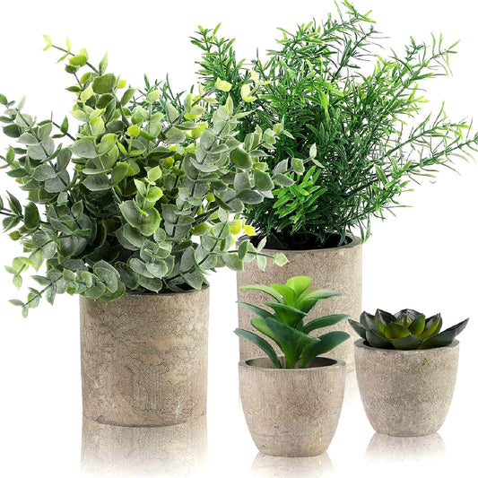 Set de 4 Plante Artificiale, Decorative de Interior, Eucalipt, Rozmarin si Suculente  pentru birou, baie și sufragerie