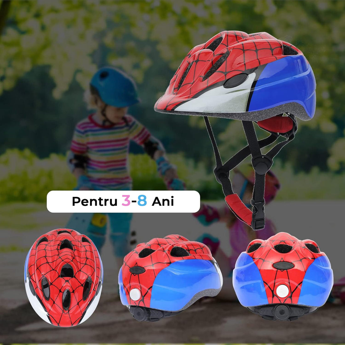 Set Protectie Pentru Copii 7 in 1, Casca cu Marime Reglabila, Genunchiere, Cotiere si Aparatori Incheieturi, Multicolor, 3-8 ani, Marimea XS, Spiderman