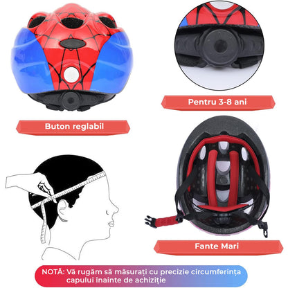 Set Protectie Pentru Copii 7 in 1, Casca cu Marime Reglabila, Genunchiere, Cotiere si Aparatori Incheieturi, Multicolor, 3-8 ani, Marimea S, Spiderman