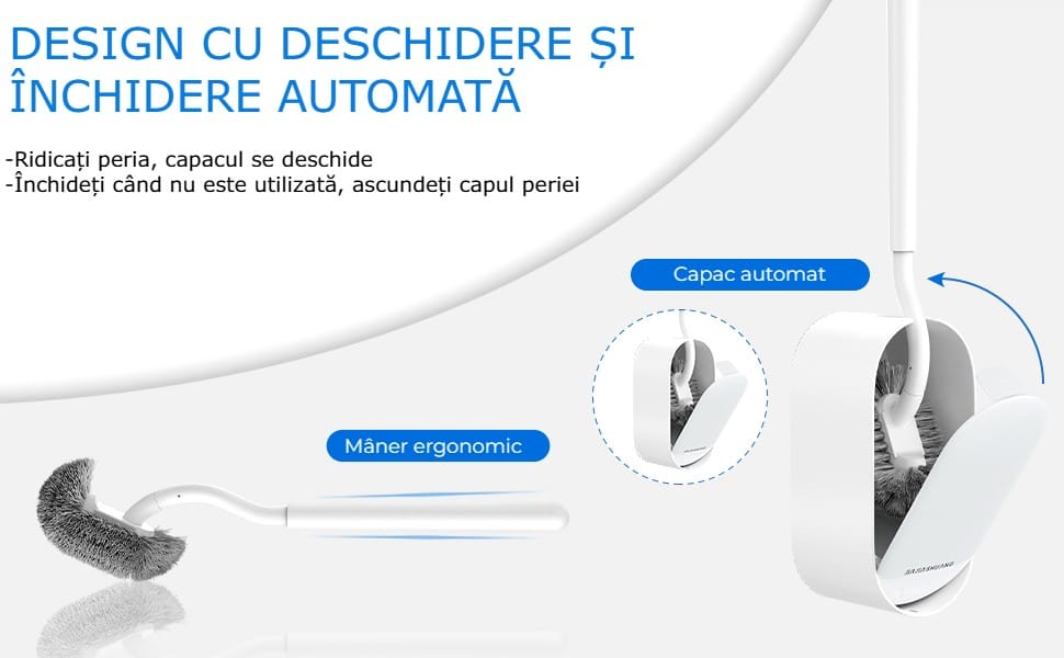 Set Perie si Suport pentru Vasul de Toaleta, Design Ergonomic, Peri Durabili, Dimensiune Compacta pentru Curatarea Locurilor Greu Accesibile, autoadeziv pe perete, Alb