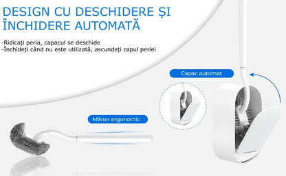 Set Perie si Suport pentru Vasul de Toaleta, Design Ergonomic, Peri Durabili, Dimensiune Compacta pentru Curatarea Locurilor Greu Accesibile, autoadeziv pe perete, Alb