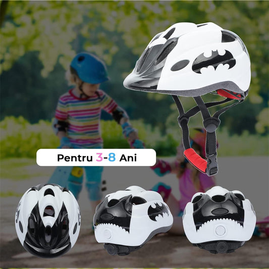 Set Protectie Pentru Copii 7 in 1, Casca cu Marime Reglabila, Genunchiere, Cotiere si Aparatori Incheieturi, Multicolor, 3-8 ani, Batman, Marimea XS, Alb
