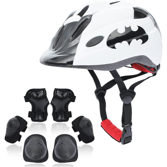 Set Protectie Pentru Copii 7 in 1, Casca cu Marime Reglabila, Genunchiere, Cotiere si Aparatori Incheieturi, Multicolor, 3-8 ani, Batman, Marimea S, Alb