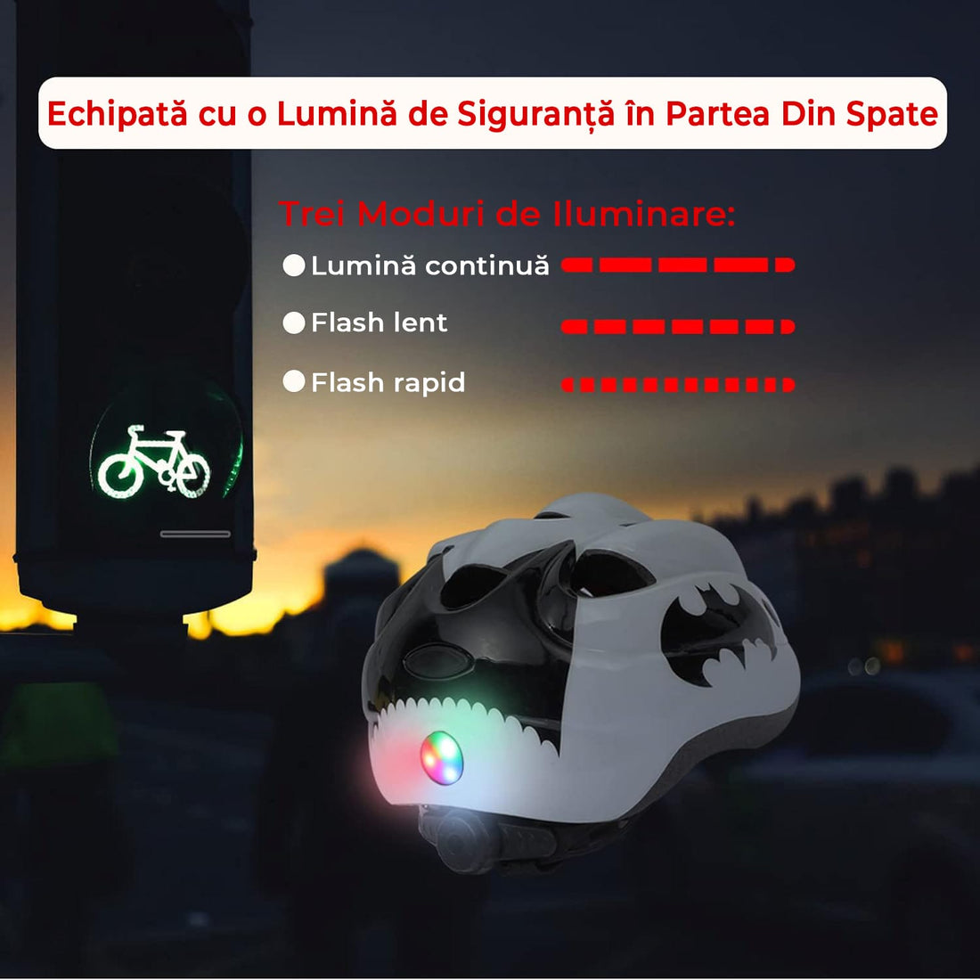 Set Protectie Pentru Copii 7 in 1, Casca cu Marime Reglabila, Genunchiere, Cotiere si Aparatori Incheieturi, Multicolor, 3-8 ani, Batman, Marimea S, Alb