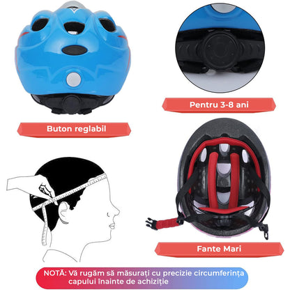 Set Protectie Pentru Copii 7 in 1, Casca cu Marime Reglabila, Genunchiere, Cotiere si Aparatori Incheieturi, Multicolor, 3-8 ani, Capitan, Marimea XS, Albastru