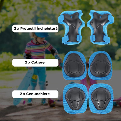 Set protecție copii 7 în 1, cască reglabilă, genunchiere, cotiere, mărime S, albastru