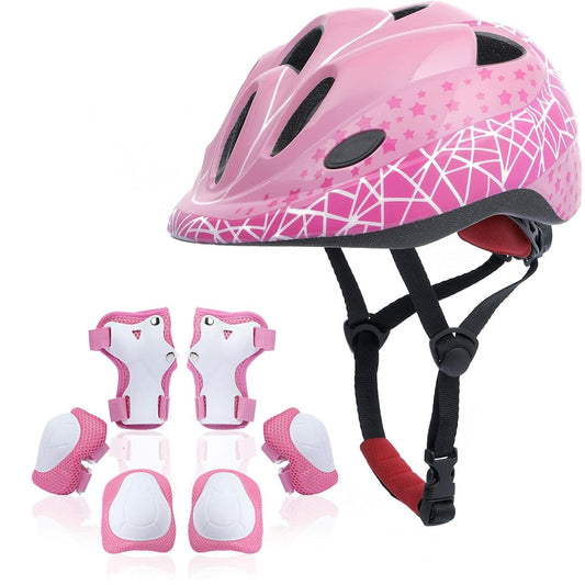 Set Protectie Pentru Copii 7 in 1, Casca cu Marime Reglabila, Genunchiere, Cotiere si Aparatori Incheieturi, Multicolor, 3-8 ani, Galactic, Marimea XS, Roz
