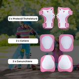 Set Protectie Pentru Copii 7 in 1, Casca cu Marime Reglabila, Genunchiere, Cotiere si Aparatori Incheieturi, Multicolor, 3-8 ani, Galactic, Marimea S, Roz