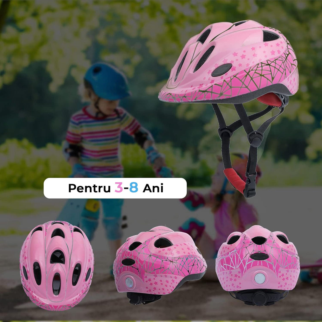 Set Protectie Pentru Copii 7 in 1, Casca cu Marime Reglabila, Genunchiere, Cotiere si Aparatori Incheieturi, Multicolor, 3-8 ani, Galactic, Marimea S, Roz