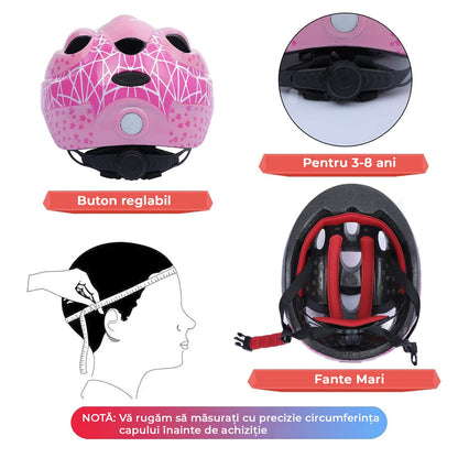 Set Protectie Pentru Copii 7 in 1, Casca cu Marime Reglabila, Genunchiere, Cotiere si Aparatori Incheieturi, Multicolor, 3-8 ani, Galactic, Marimea S, Roz