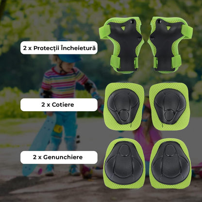 Set protecție copii 7 în 1, cască reglabilă, genunchiere, cotiere, mărime S, galben