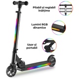 Trotineta cu 2 roti pentru Copii, Pliabila si Portabila, Lumini RGB LED, Maner Reglabil pe Inaltime, Frana spate, Greutate Maxima 60 kg, Negru