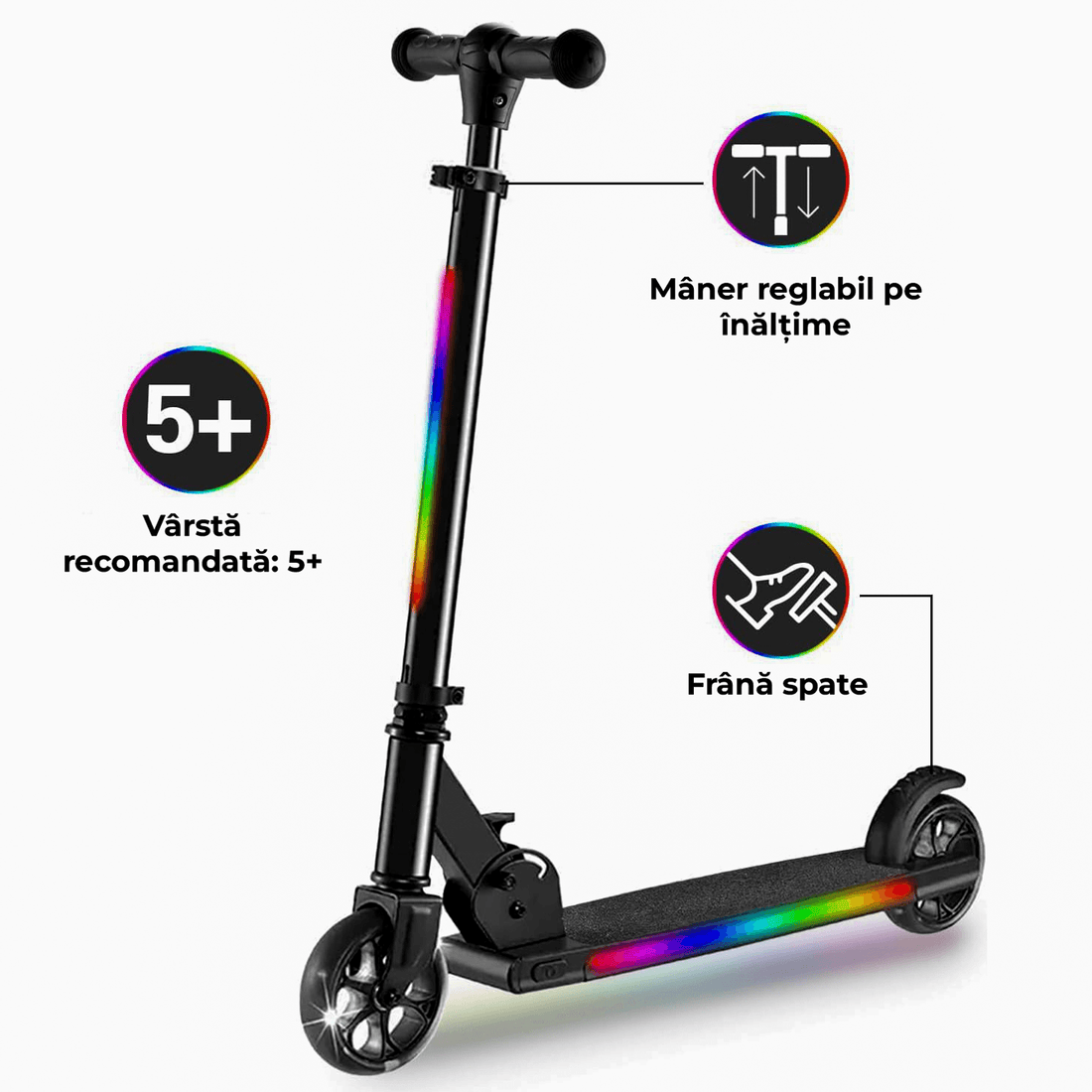 Trotineta cu 2 roti pentru Copii, Pliabila si Portabila, Lumini RGB LED, Maner Reglabil pe Inaltime, Frana spate, Greutate Maxima 60 kg, Negru
