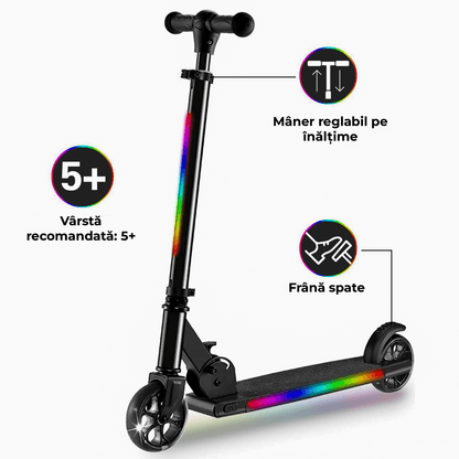Trotineta cu 2 roti pentru Copii, Pliabila si Portabila, Lumini RGB LED, Maner Reglabil pe Inaltime, Frana spate, Greutate Maxima 60 kg, Negru