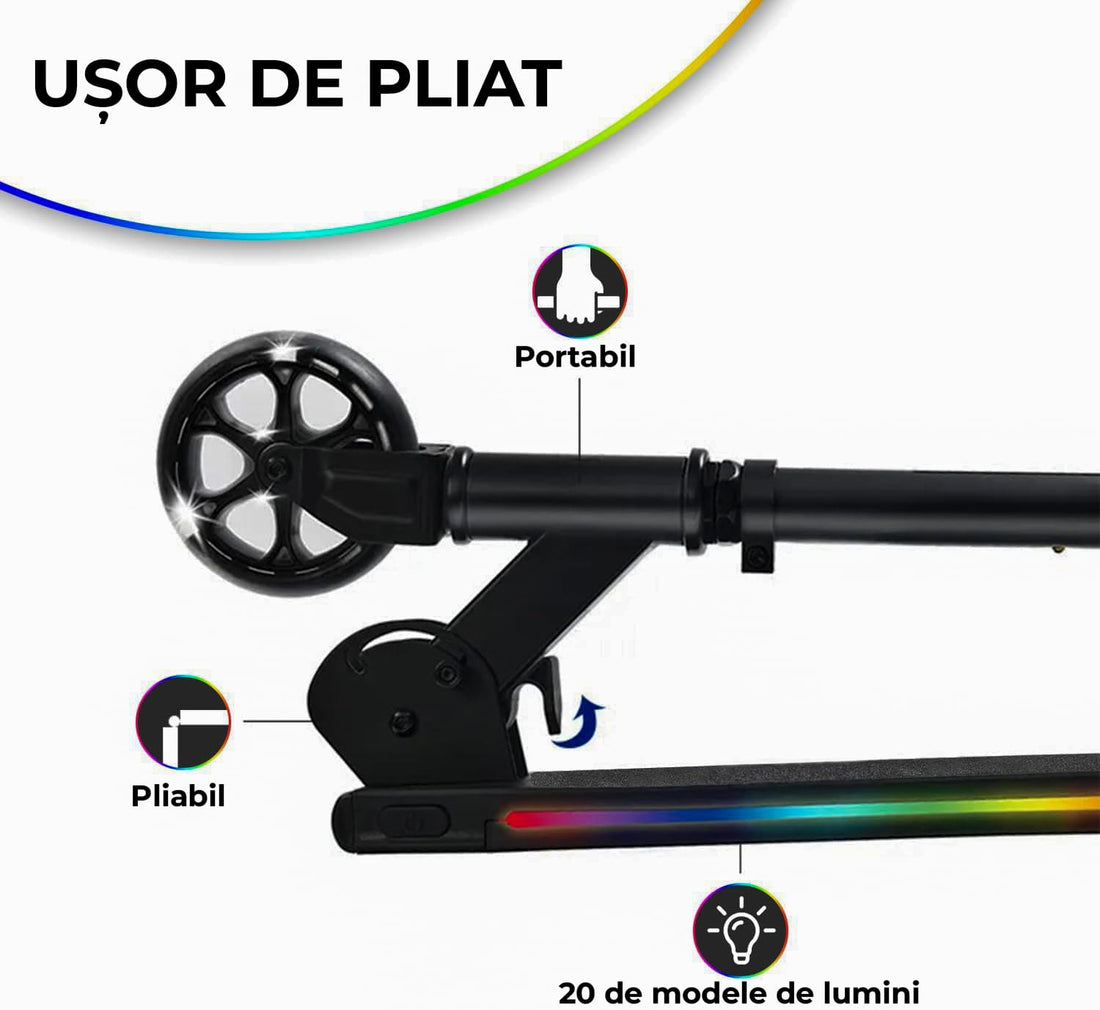 Trotineta cu 2 roti pentru Copii, Pliabila si Portabila, Lumini RGB LED, Maner Reglabil pe Inaltime, Frana spate, Greutate Maxima 60 kg, Negru