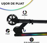 Trotineta cu 2 roti pentru Copii, Pliabila si Portabila, Lumini RGB LED, Maner Reglabil pe Inaltime, Frana spate, Greutate Maxima 60 kg, Negru