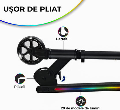 Trotineta cu 2 roti pentru Copii, Pliabila si Portabila, Lumini RGB LED, Maner Reglabil pe Inaltime, Frana spate, Greutate Maxima 60 kg, Negru