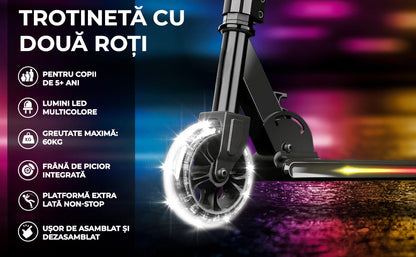 Trotineta cu 2 roti pentru Copii, Pliabila si Portabila, Lumini RGB LED, Maner Reglabil pe Inaltime, Frana spate, Greutate Maxima 60 kg, Negru