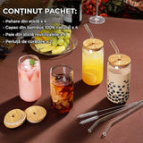 Set 4 Pahare din Sticla cu Capac din Bambus si Pai din Sticla - 480ml - Forma de Doza - Ideale pentru Cocktailuri, Bere, Cafea, Ceai, 2 Perii de Curatat Incluse, Transparente
