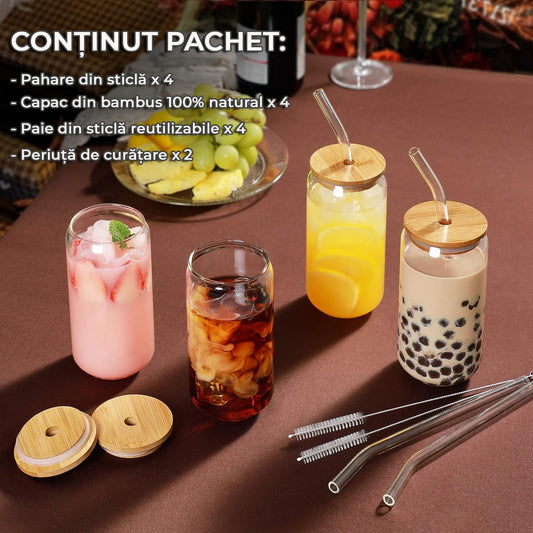 Set 4 Pahare din Sticla cu Capac din Bambus si Pai din Sticla - 480ml - Forma de Doza - Ideale pentru Cocktailuri, Bere, Cafea, Ceai, 2 Perii de Curatat Incluse, Transparente