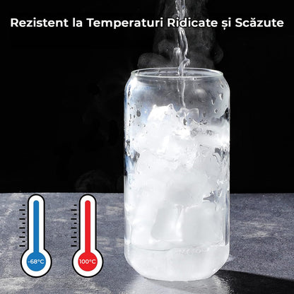 Set 4 Pahare din Sticla cu Capac din Bambus si Pai din Sticla - 480ml - Forma de Doza - Ideale pentru Cocktailuri, Bere, Cafea, Ceai, 2 Perii de Curatat Incluse, Transparente