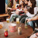 Set 4 Pahare din Sticla cu Capac din Bambus si Pai din Sticla - 480ml - Forma de Doza - Ideale pentru Cocktailuri, Bere, Cafea, Ceai, 2 Perii de Curatat Incluse, Transparente