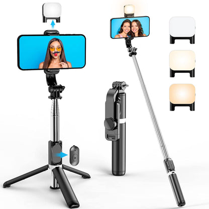 Selfie stick telescopic cu trepied, LED, telecomandă, 106 cm, negru