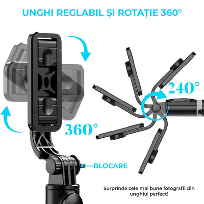Selfie stick telescopic cu trepied, LED, telecomandă, 106 cm, negru