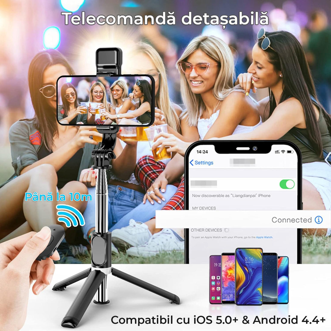 Selfie stick telescopic cu trepied, LED, telecomandă, 106 cm, negru