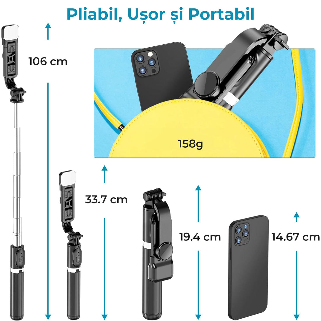 Selfie stick telescopic cu trepied, LED, telecomandă, 106 cm, negru