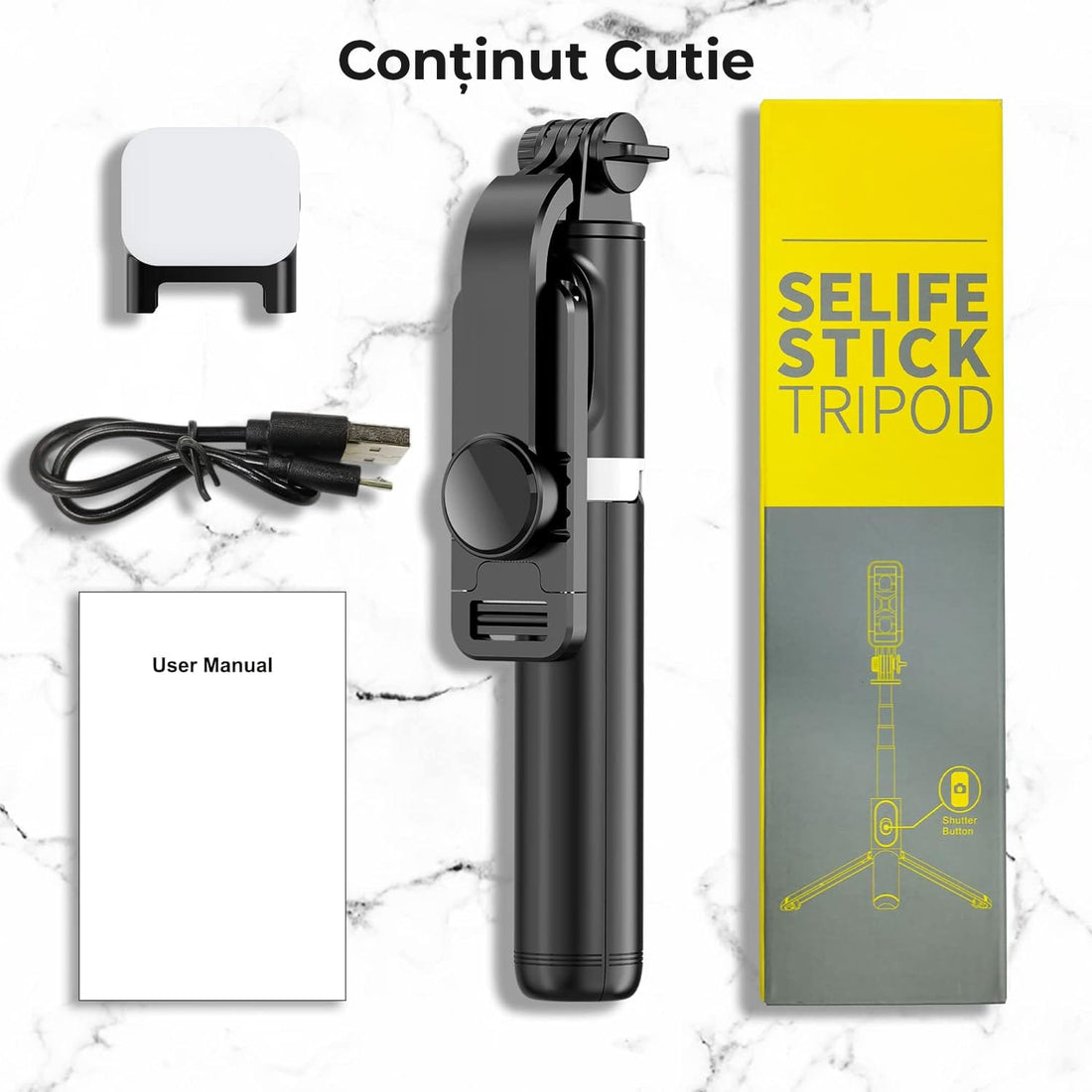 Selfie stick telescopic cu trepied, LED, telecomandă, 106 cm, negru